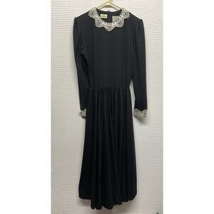 VTG Sabino Black Crochet Collar Cuff Waist Defined Midi Church Dress Women 12 US